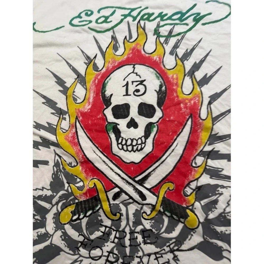 Ed Hardy Mens XXXL Graphic T-Shirt White Skull 13 Swords Tattoo Print Tee Y2K.